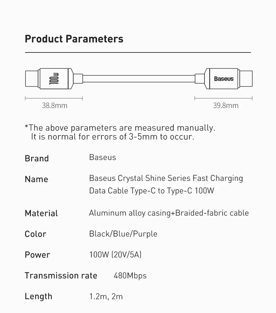 Baseus Crystal Shine Series Fast Charging Cable USB-C to USB-C 100W for Sale in Pakistan
