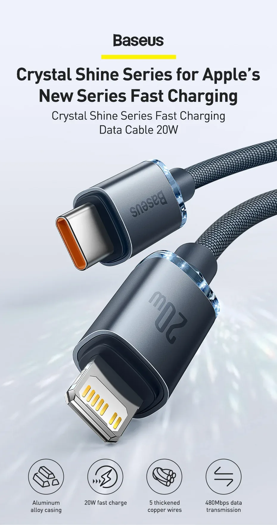 Baseus Crystal Shine Series USB-C To Lightning 20W Fast Charging Data Cable for Sale in Pakistan