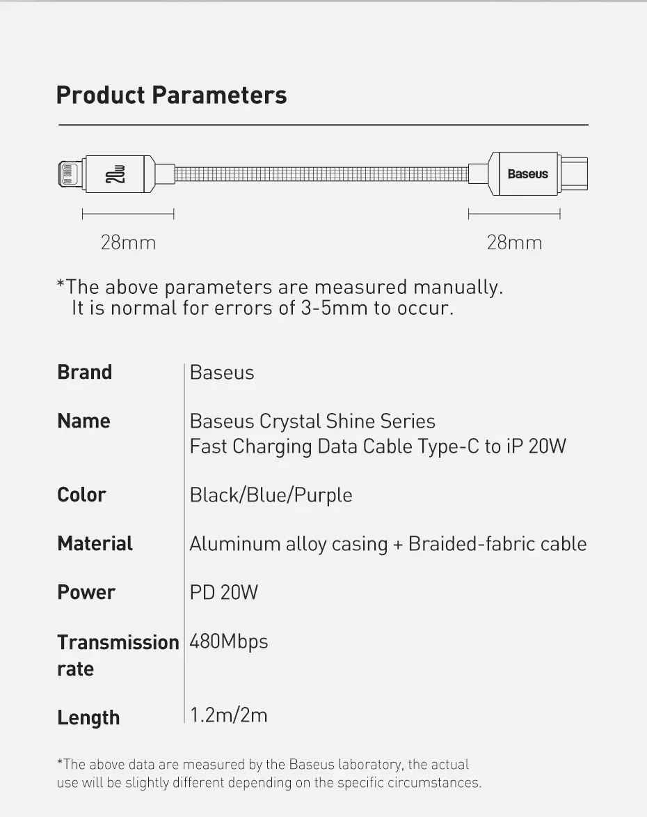 Baseus Crystal Shine Series USB-C To Lightning 20W Fast Charging Data Cable for Sale in Pakistan