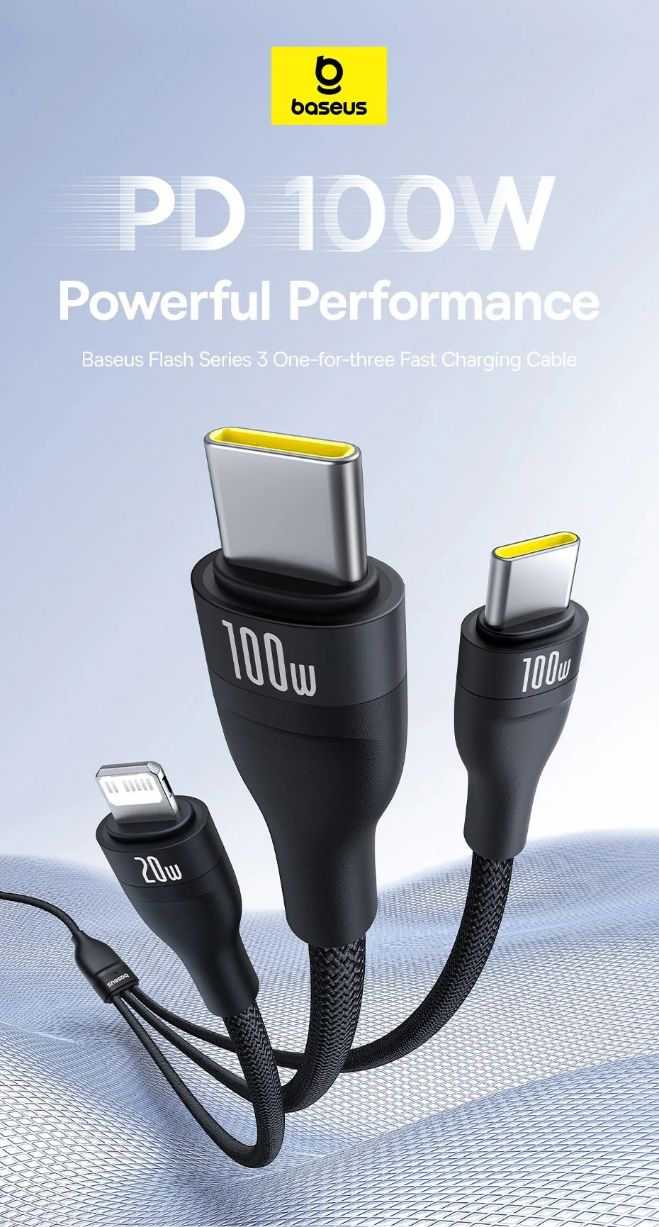 Baseus Flash Series 3 One-for-three Fast Charging Cable Type-C To C++C+L 100W for Sale in Pakistan