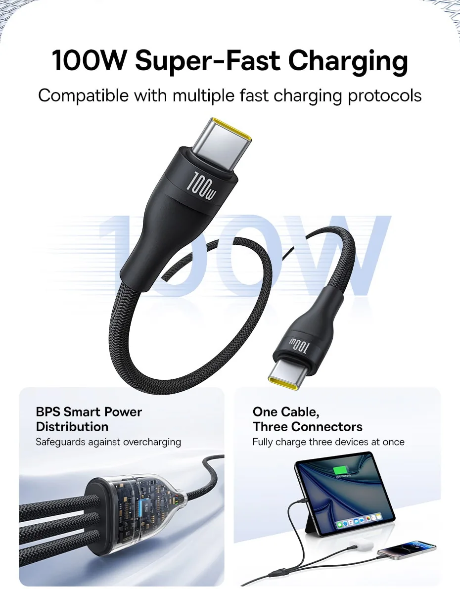 Baseus Flash Series 3 One-for-three Fast Charging Cable Type-C To C++C+L 100W for Sale in Pakistan