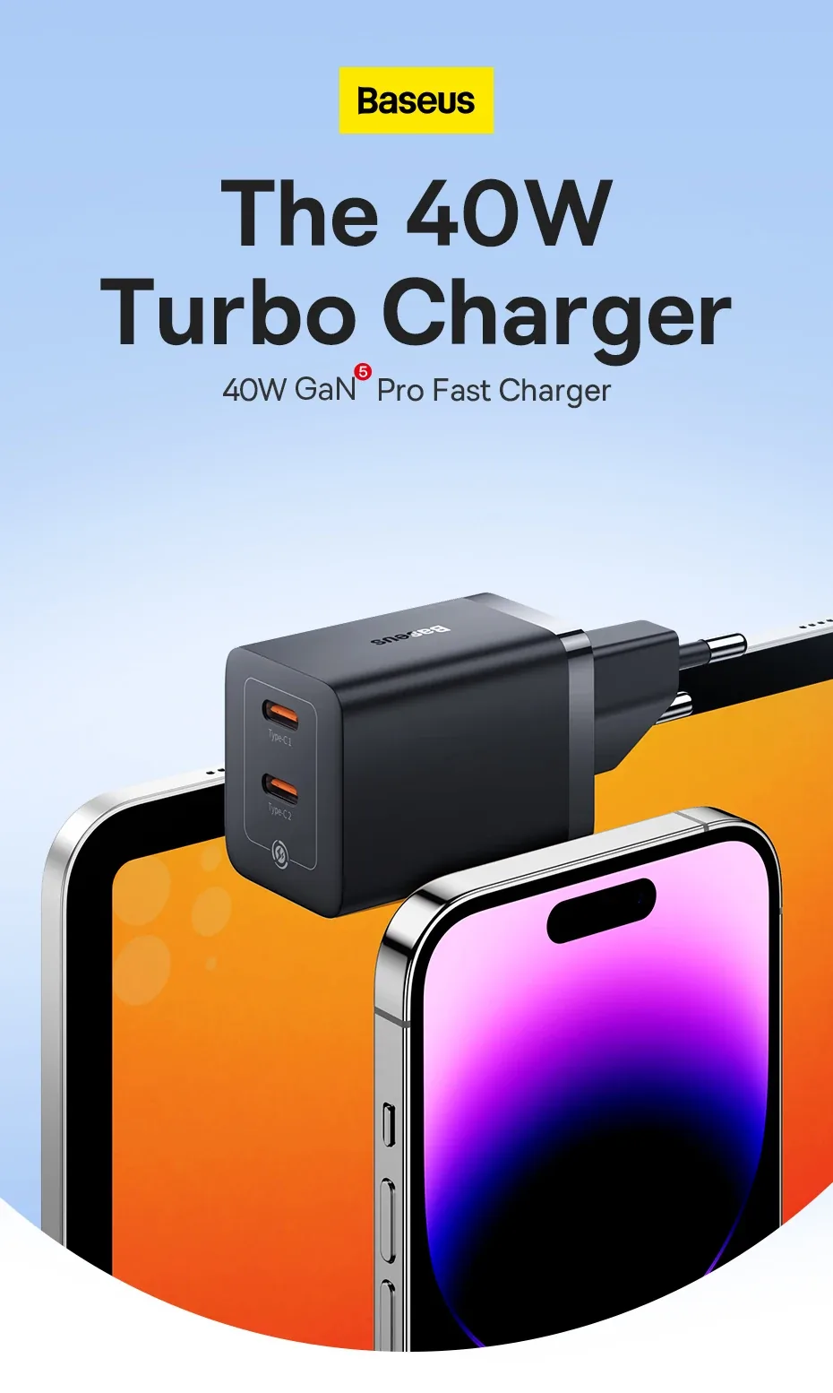 Baseus GaN5 Pro Fast Charger C+C 40W EU Black for Sale in Pakistan