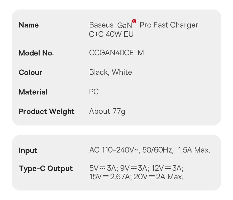 Baseus GaN5 Pro Fast Charger C+C 40W EU Black for Sale in Pakistan