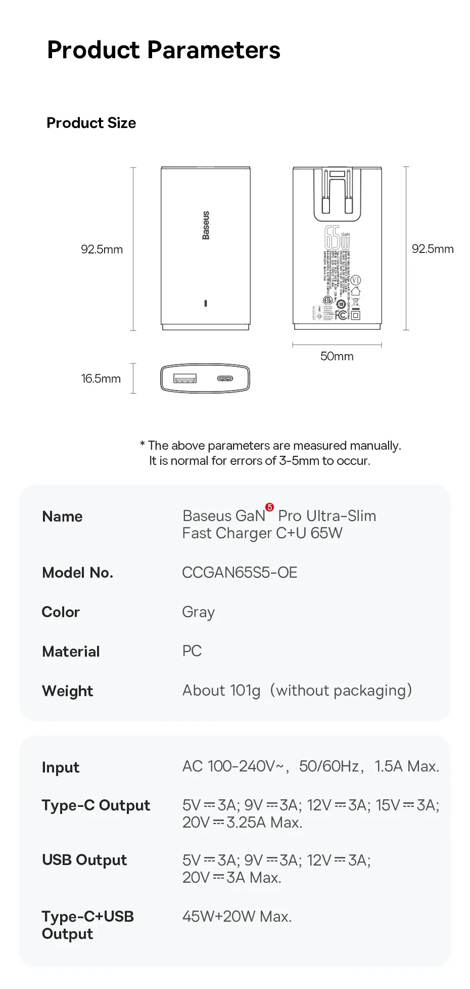 Baseus GaN5 Pro Flat Type-C Wall Charger 65W Universal Plug for Sale in Pakistan