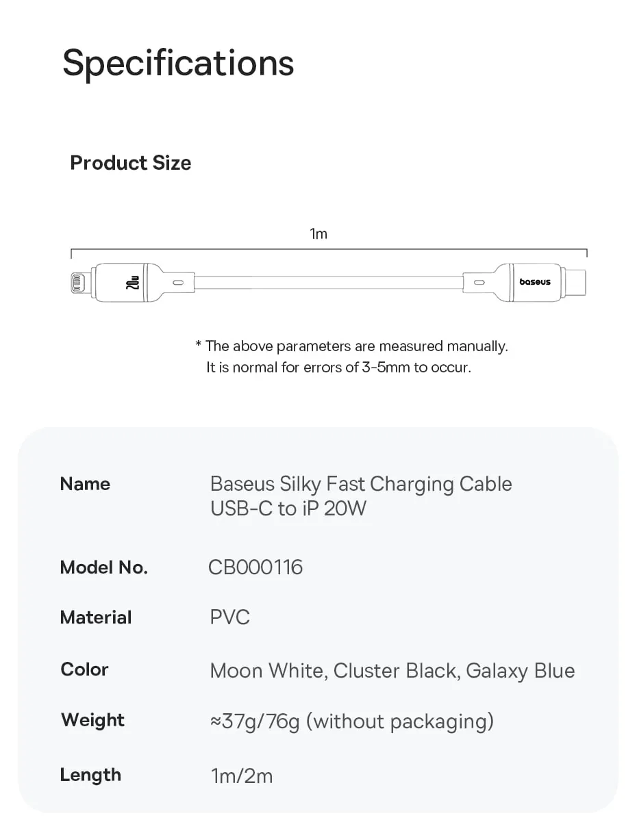 Baseus Silky Series Fast Charging Cable Type-C to IP 20W Moon White for Sale in Pakistan