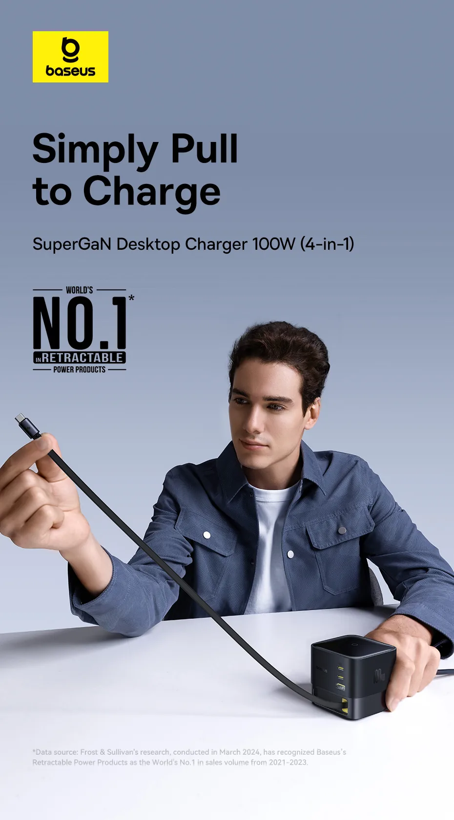 Baseus Super Gan 100W USB-C Retractable Cable Desktop Charger for Sale in Pakistan
