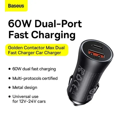 Baseus U+C 60W Golden Contactor Max Dual Fast Charger Car Charger for Sale in Pakistan