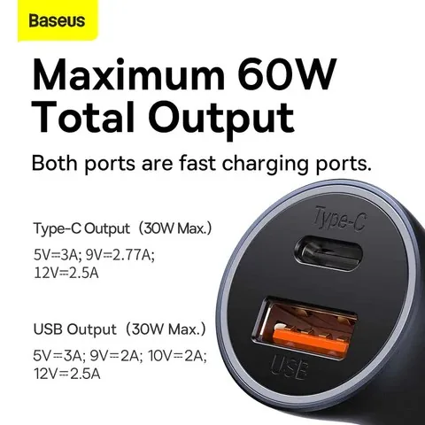 Baseus U+C 60W Golden Contactor Max Dual Fast Charger Car Charger for Sale in Pakistan