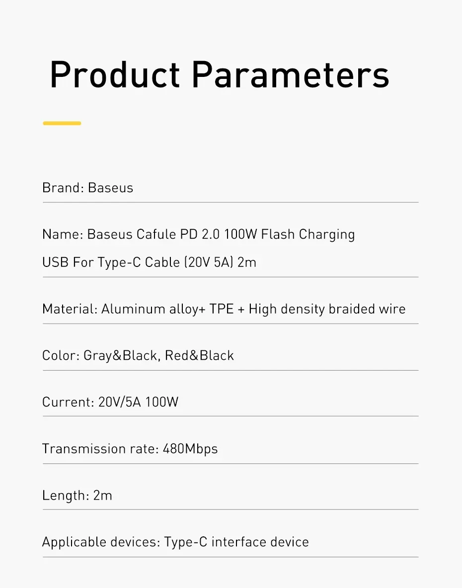 Baseus USB-C to USB-C PD QC Cable 100W 5A 2Meters for Sale in Pakistan