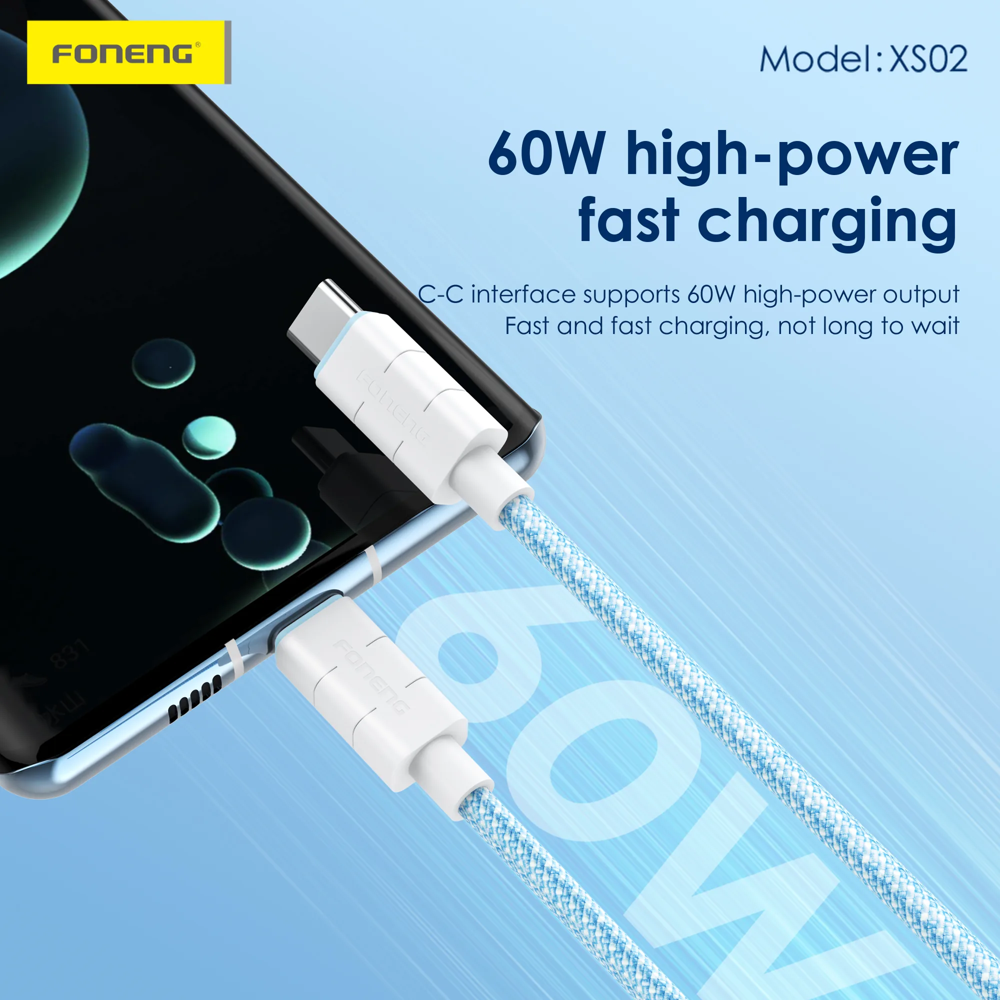 Foneng XS02 C to C Braided Fast Charge Cable (60W / 27W / 3A / 2.4A) for Sale in Pakistan