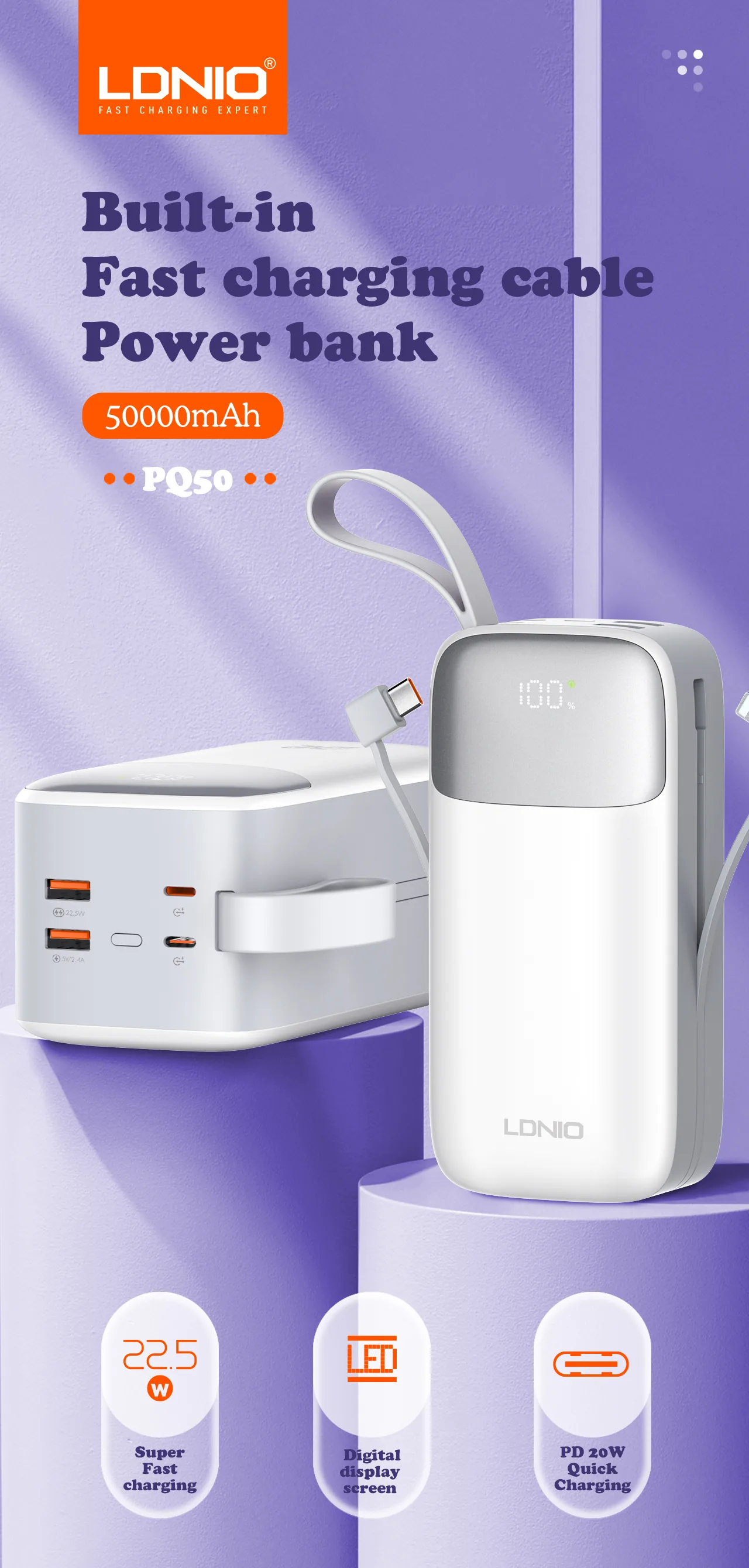 Ldnio PQ50 22.5W 50000mAh Power bank with LED Display for Sale in Pakistan