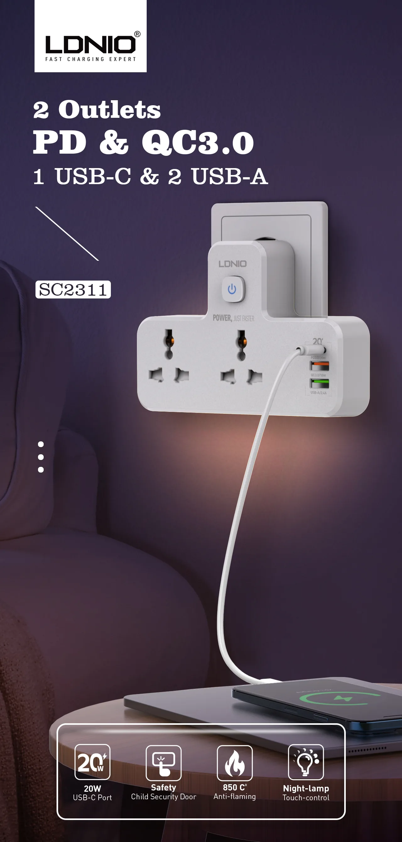 LDNIO SC2311 Power Extension USB-C 20W PD For Mac, 2 X USB-A with LAMP for Sale in Pakistan
