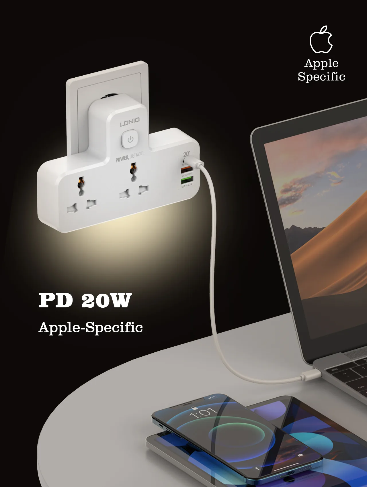 LDNIO SC2311 Power Extension USB-C 20W PD For Mac, 2 X USB-A with LAMP for Sale in Pakistan