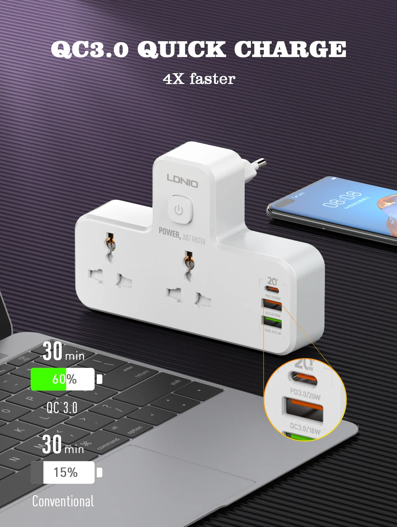 LDNIO SC2311 Power Extension USB-C 20W PD For Mac, 2 X USB-A with LAMP for Sale in Pakistan