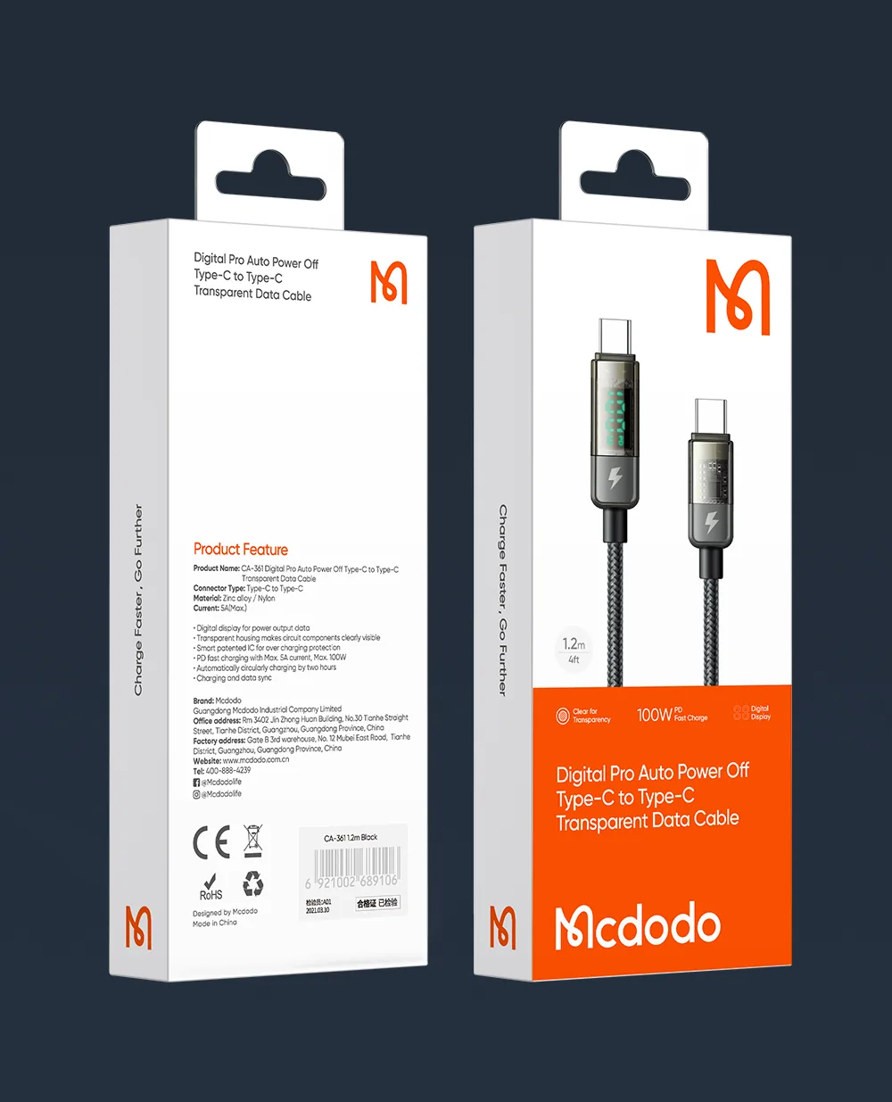 Mcdodo CA-3610 Type-C To Type-C 100W Digital Display Charging Data Cable â 1.2M for Sale in Pakistan