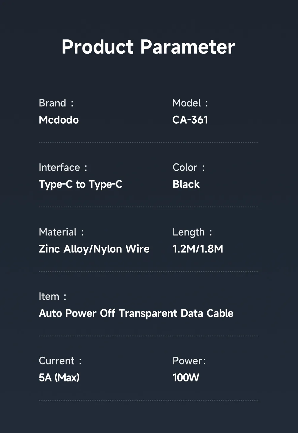 Mcdodo CA-3611 Type-C To Type-C 100W Digital Display Charging Data Cable for Sale in Pakistan