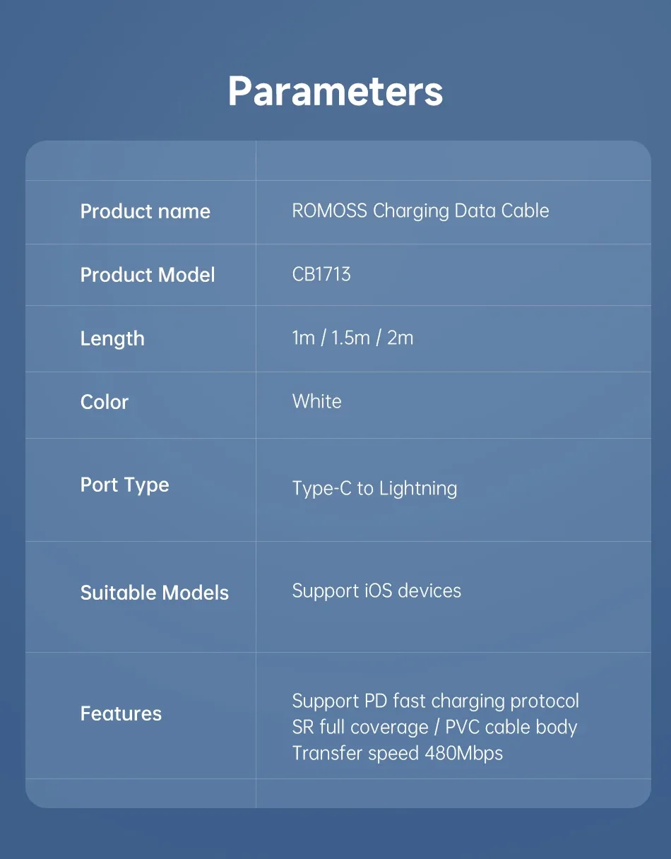 Romoss CB1713 PD Data Cable 20W Fast Charging Cable 1-meter for Sale in Pakistan