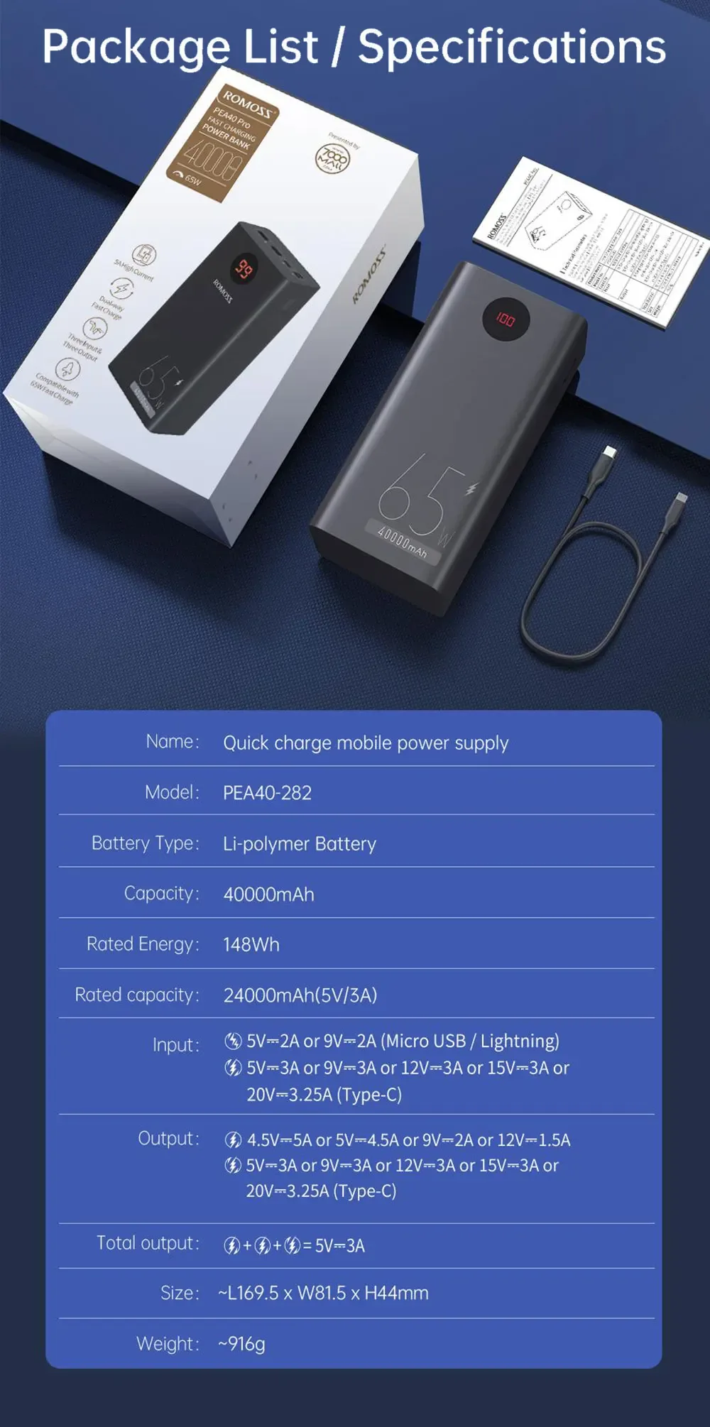 Romoss PEA40S Pro 65W PD 40000mAh Power bank for Sale in Pakistan
