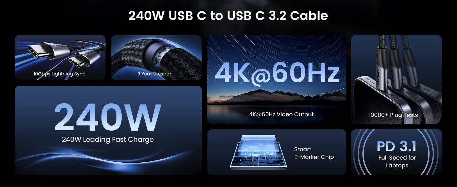 UGREEN 80150 USB-C 3.1 M/M GEN2 5A CABLE BRAIDED 1M BLK for Sale in Pakistan