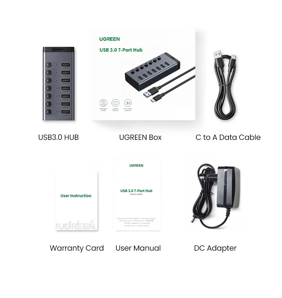 UGREEN 90307 10X Faster USB-C to 7-Port USB-A 3.0 Hub, Both are Data Transfer & Charging UPTO 7.5W for Sale in Pakistan