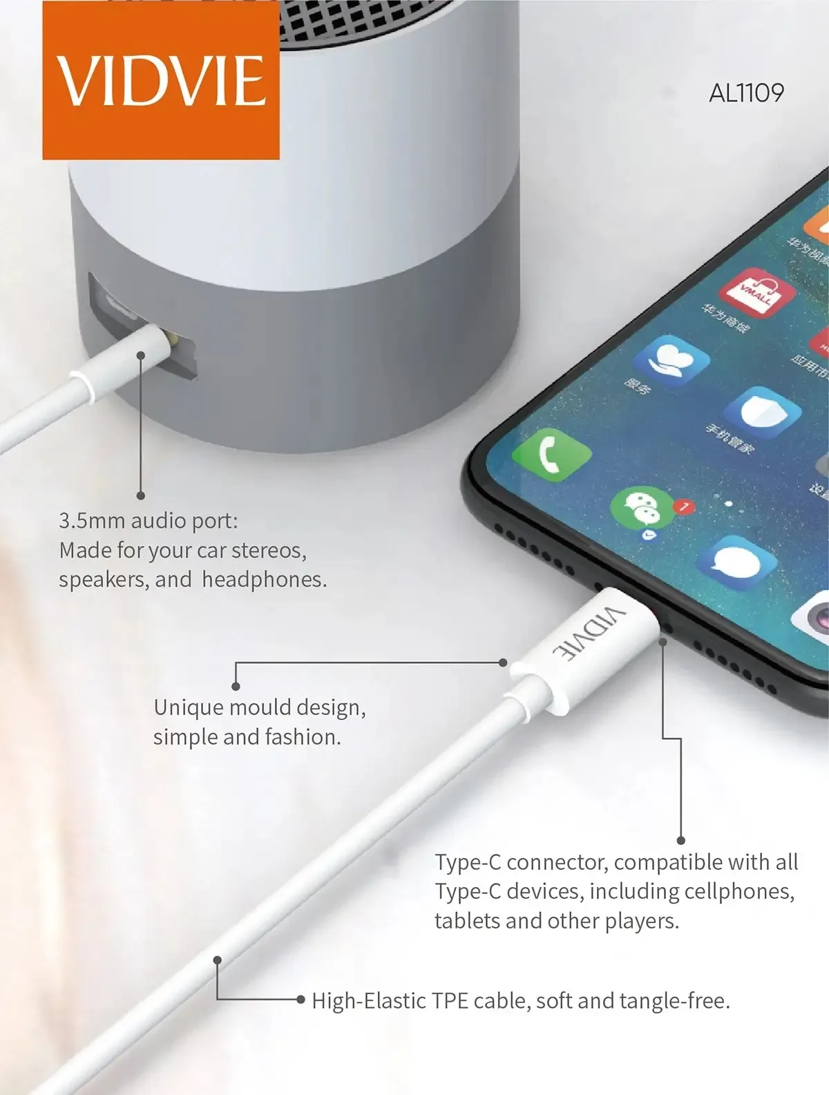 VIDVIE AL1109 Type-C to 3.5mm Aux Cable for Sale in Pakistan