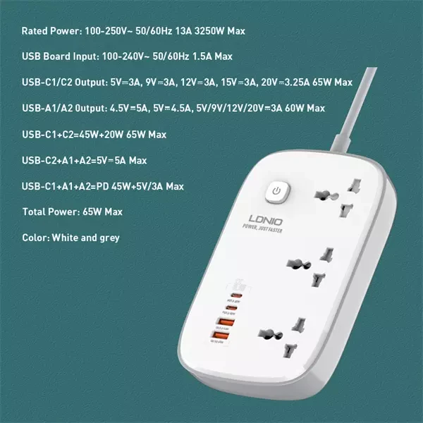 LDNIO 3AC Outlets 4-USB Power Strip SC3416, LDNIO 3AC Outlets 4-USB Power Strip SC3416 for Sale