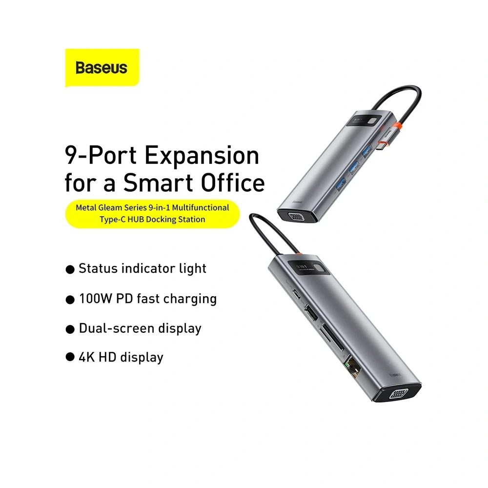 Baseus Metal Gleam Series 9 in 1 Multifunctional Type-C HUB Docking Station – CAHUB-CU0G , Baseus Metal Gleam Series 9 in 1 Multifunctional Type-C HUB Docking Station – CAHUB-CU0G for sale , Baseus Metal Gleam Series 9 in 1 Multifunctional Type-C HUB Dock